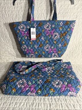 Vera Bradley Blue Floral & Butterfly Quilted East West Totes Regular & Small NWT